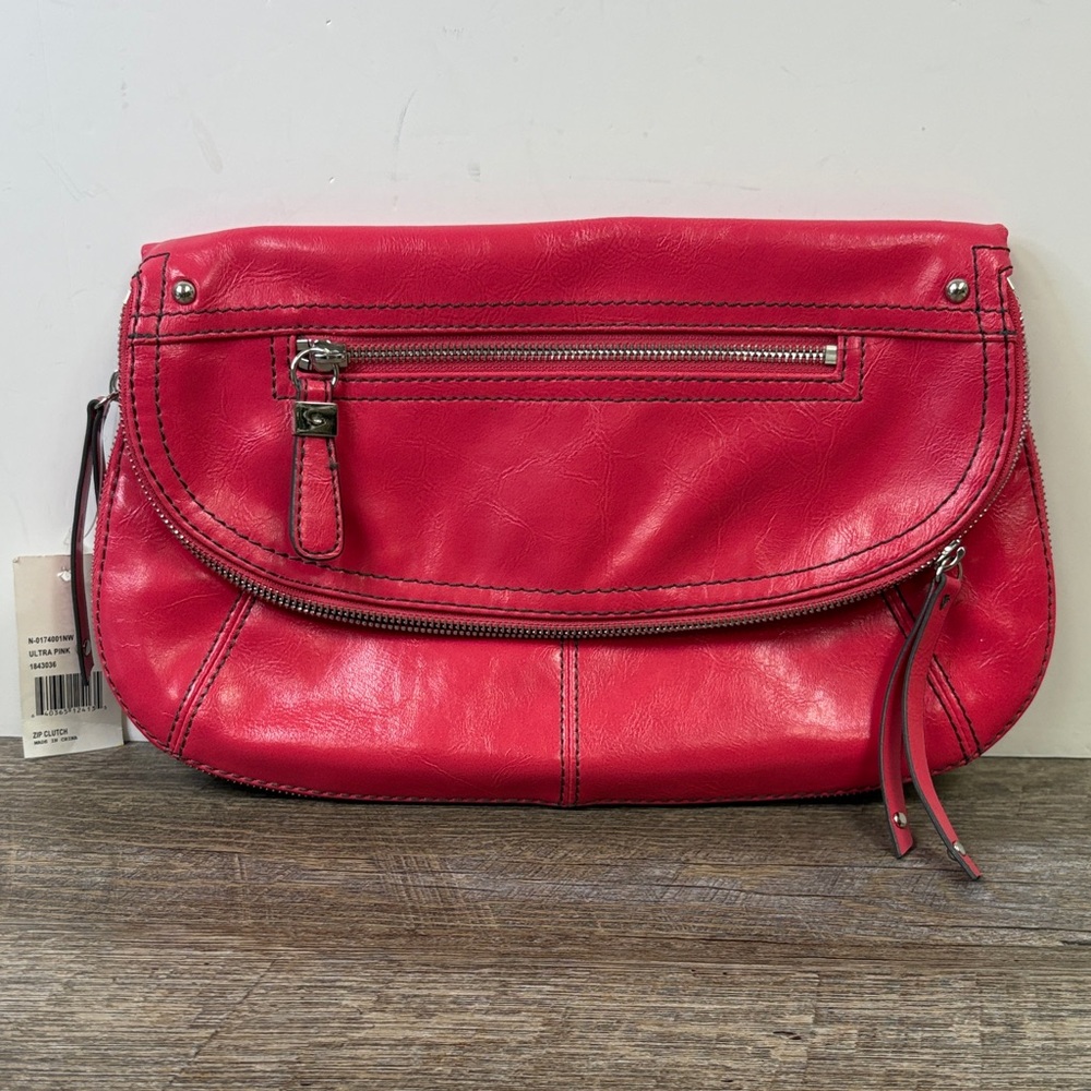 Nine West Ultra Pink Zip Clutch | Foldover Leather Clutch | NWT